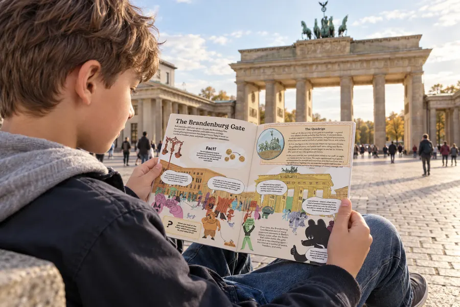 A child reads Let's go! Berlin in front of the Brandenburg Gate